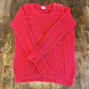 L.L.Bean Red Cable Knit Sweater Women’s Large Cotton Nautical Button Shoulder